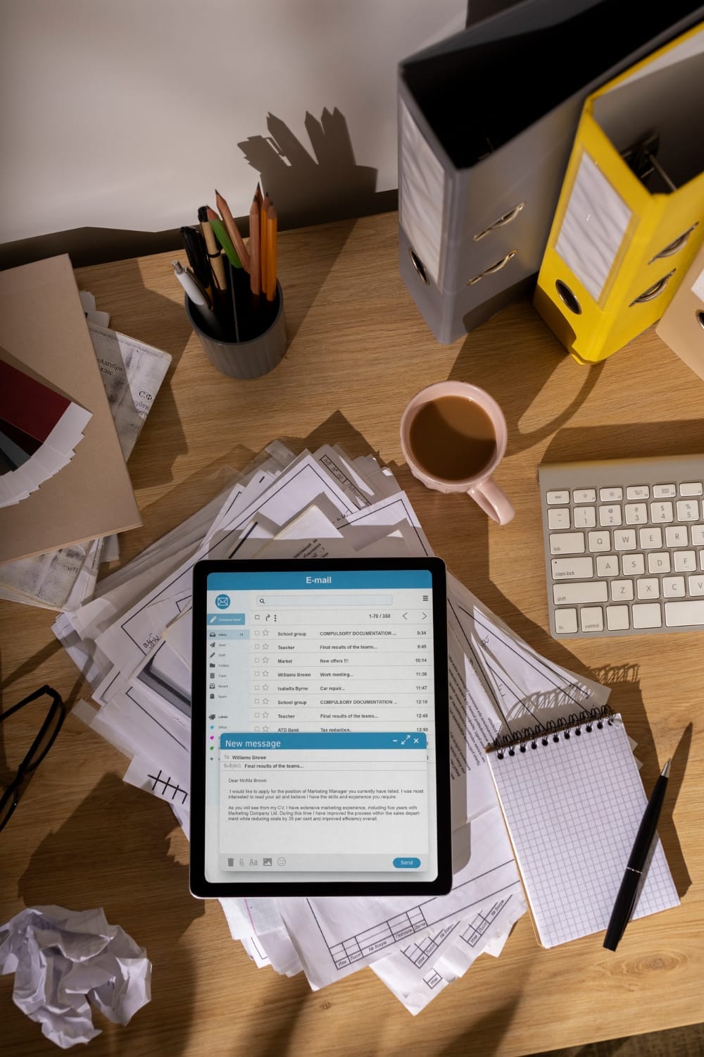 Tablet with an email open on a cluttered desk, papers, a notebook, pen, coffee cup, and colorful folders. Office setting, organized chaos.
